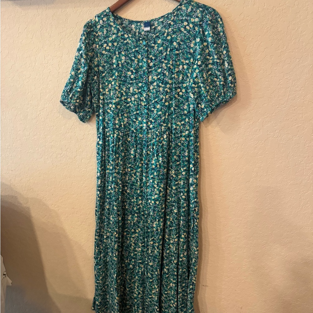 Old Navy Blue Pleated Puff Sleeve Midi Dress